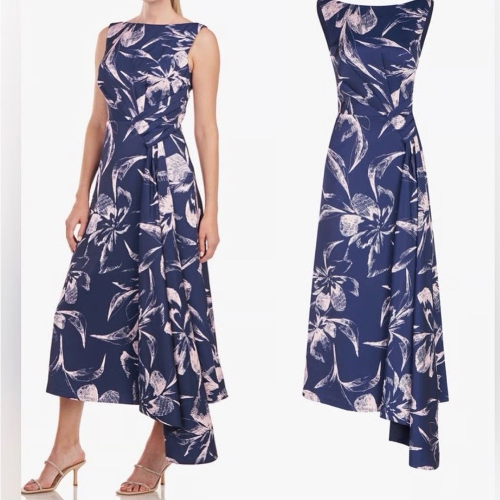 Kay Unger Navy and White Asymmetrical Dress